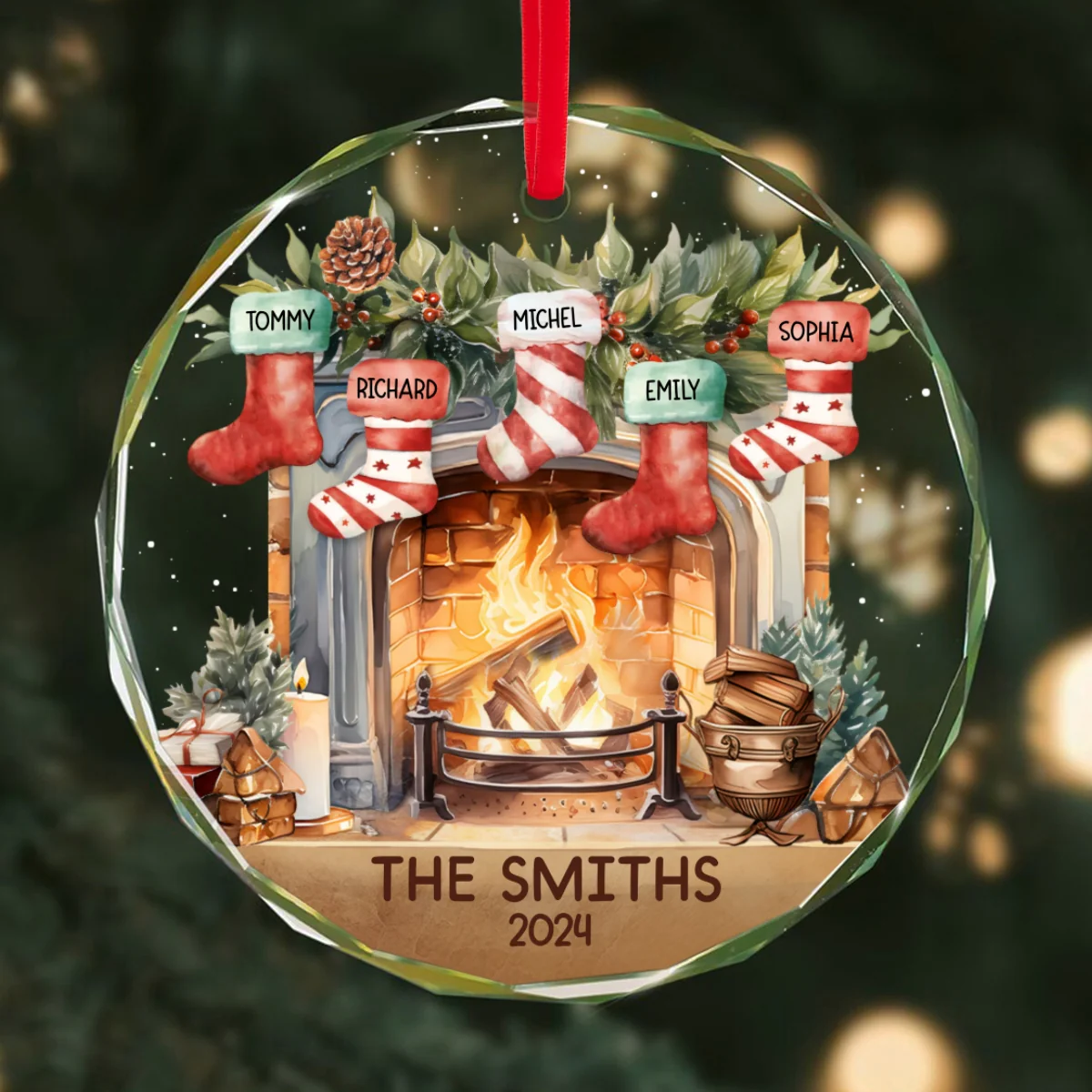 Vintage Christmas Stockings Fireplace Family Names Personalized Glass Ornament, Christmas Gift For Family - Image 9