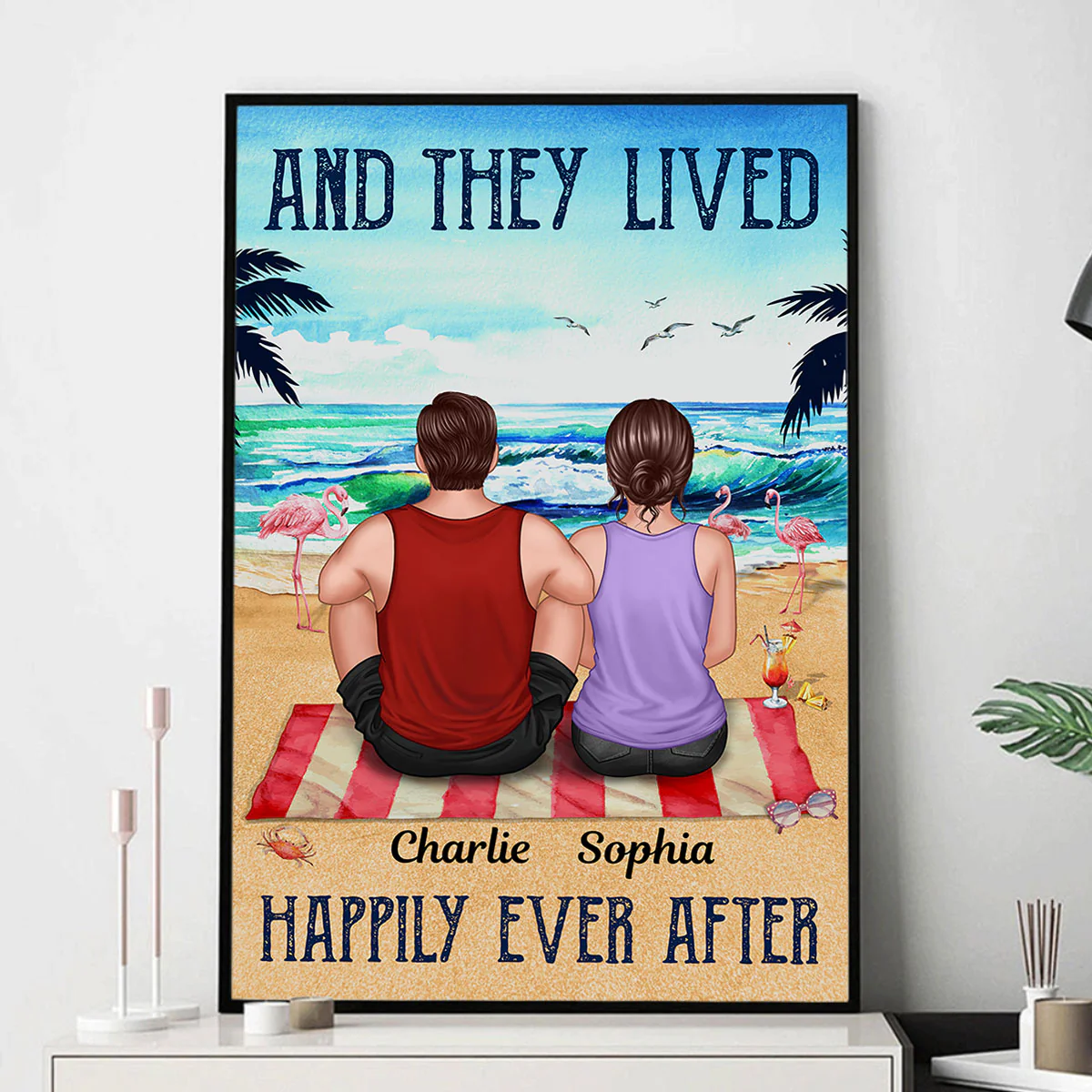 Vintage Couple Back View Sitting On The Beach Summer Personalized Vertical Poster - Image 2