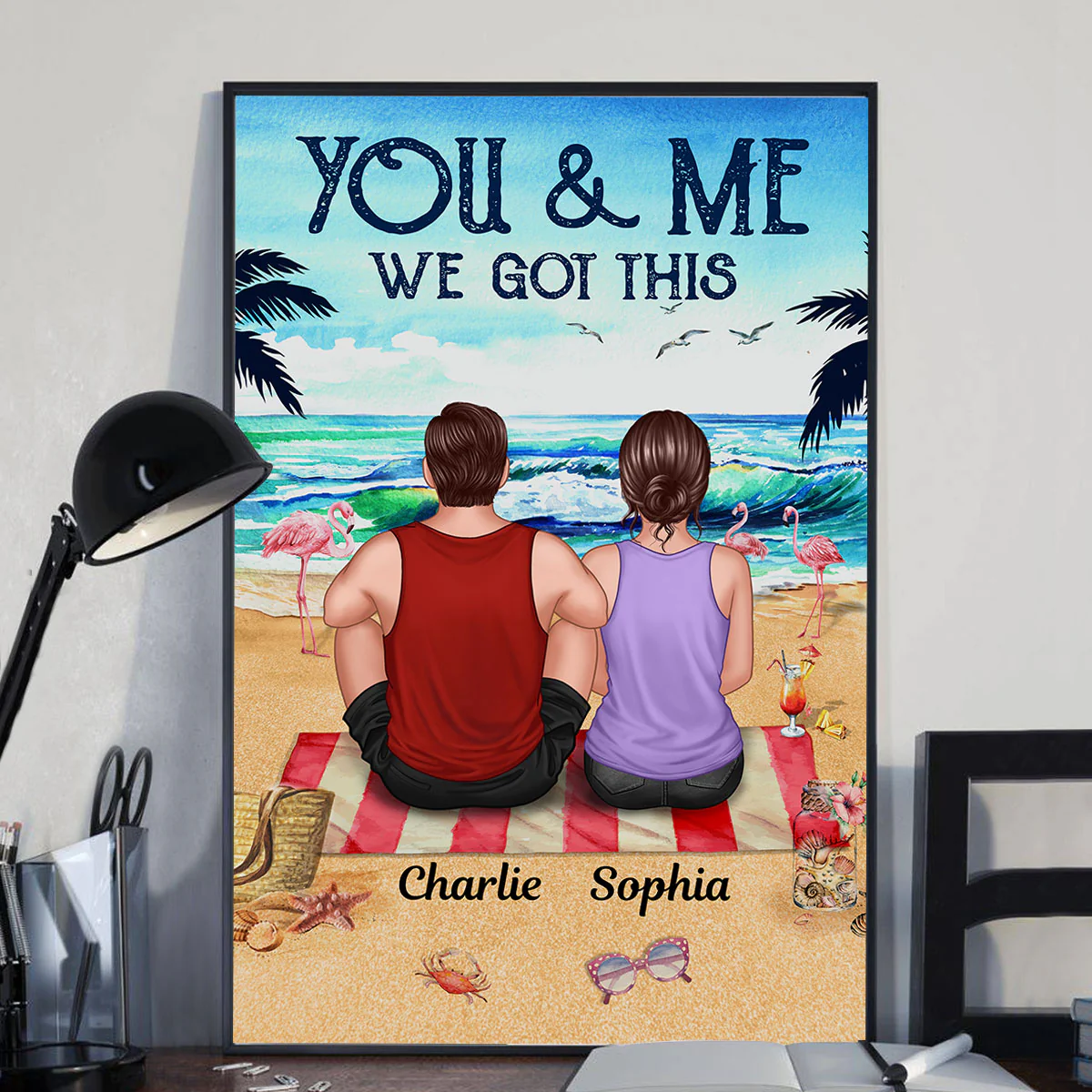 Vintage Couple Back View Sitting On The Beach Summer Personalized Vertical Poster - Image 3