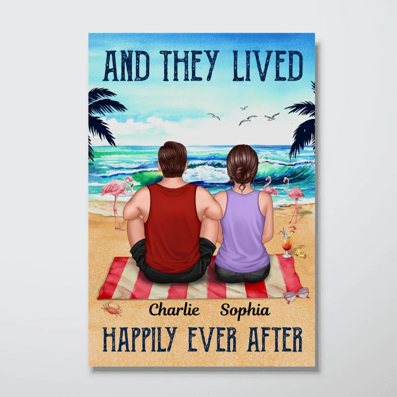 Vintage Couple Back View Sitting On The Beach Summer Personalized Vertical Poster - Image 4