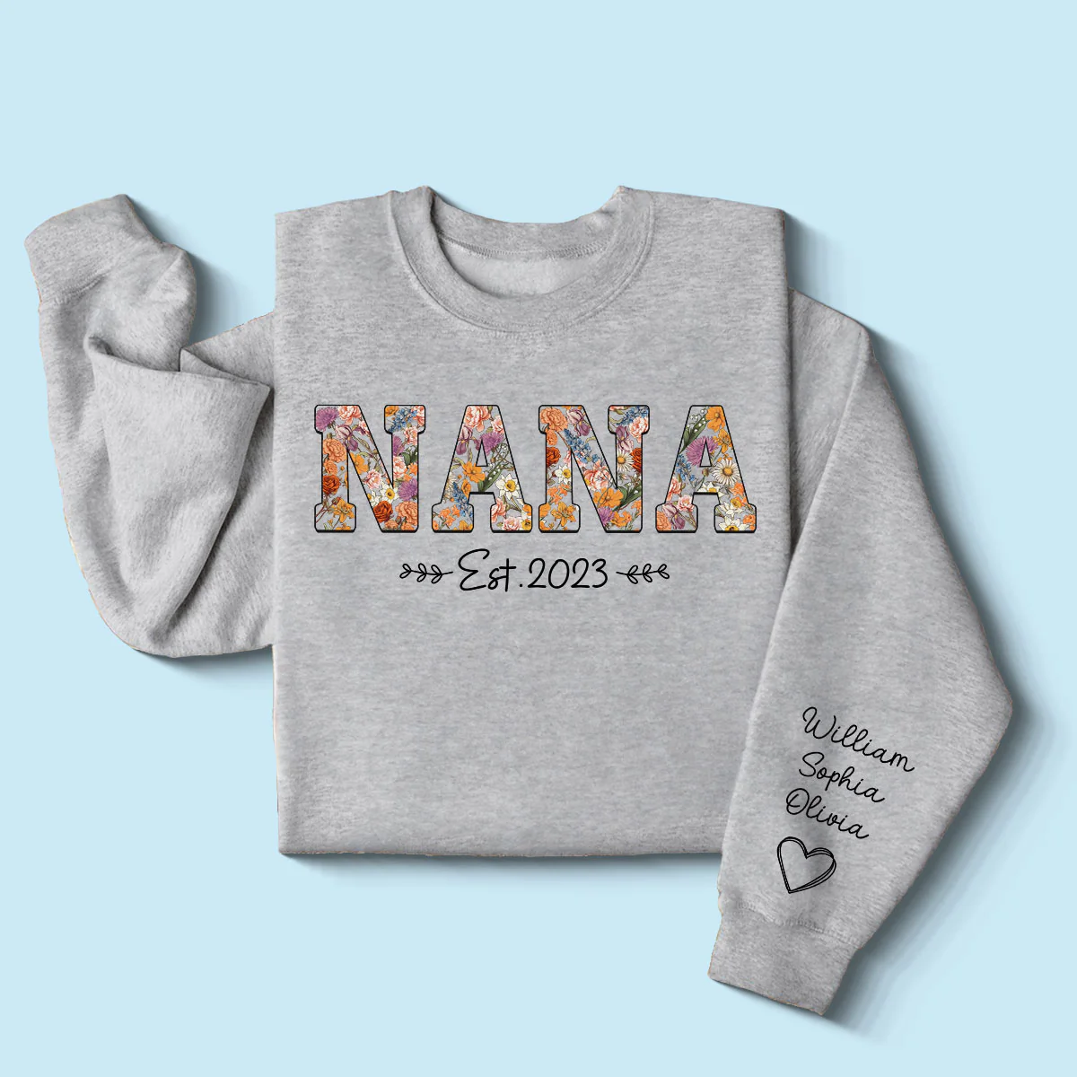 Vintage Flowers Grandma Est With Grandkids Names Personalized Sleeve Printed Shirt - Image 3