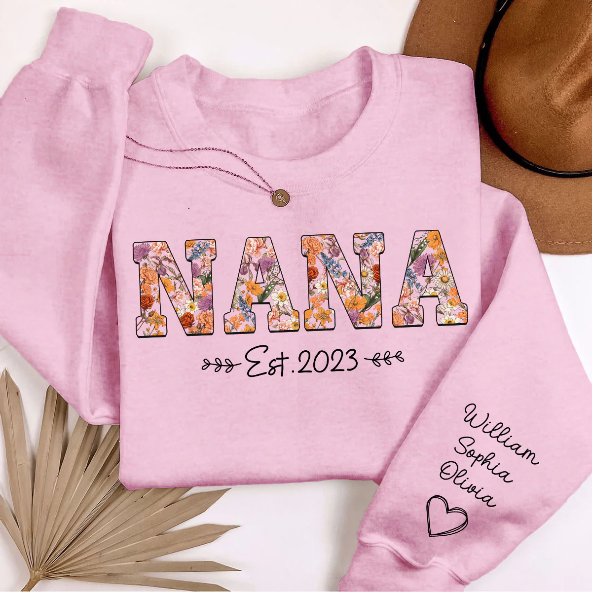 Vintage Flowers Grandma Est With Grandkids Names Personalized Sleeve Printed Shirt - Image 4