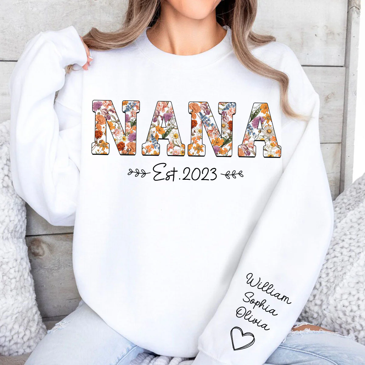 Vintage Flowers Grandma Est With Grandkids Names Personalized Sleeve Printed Shirt - Image 6