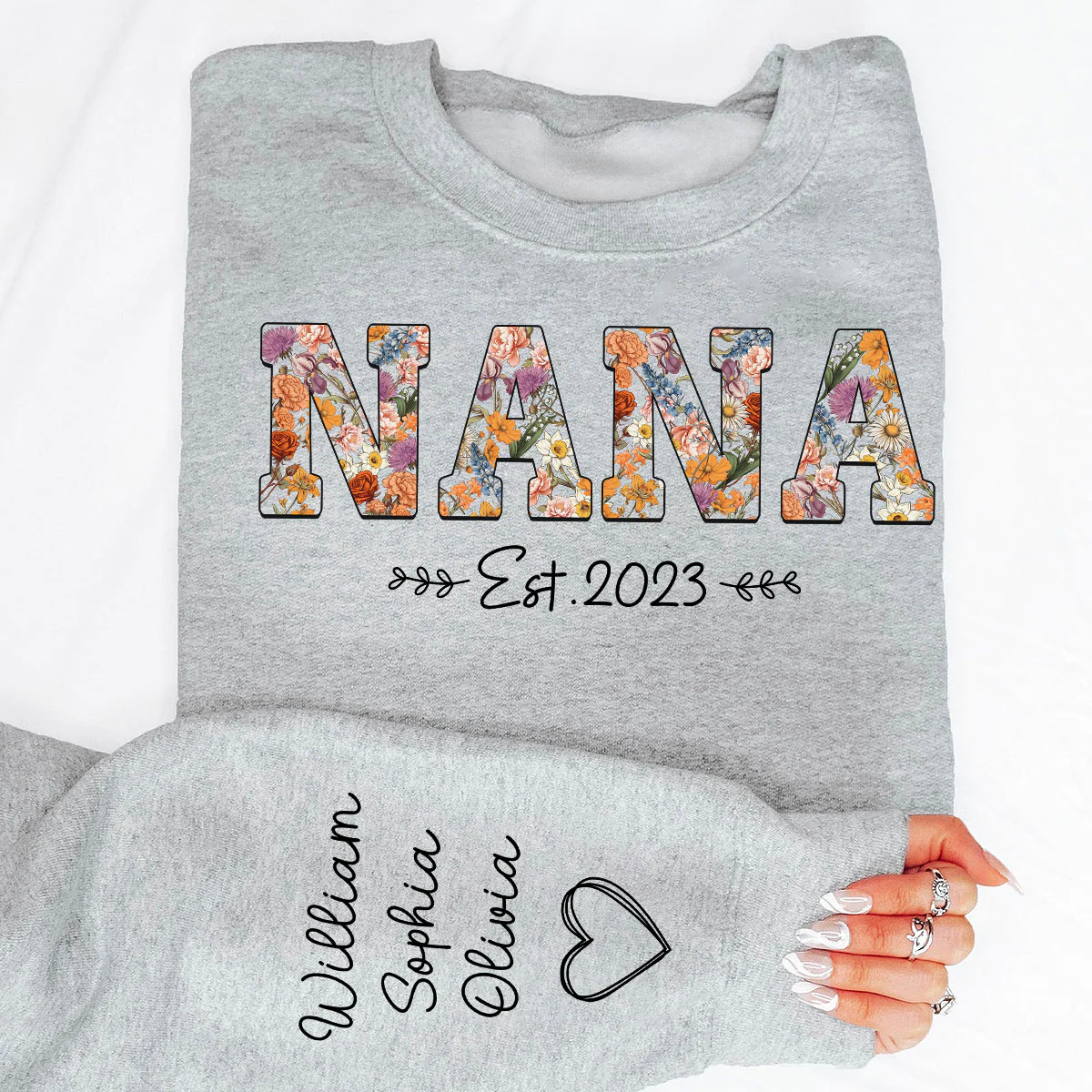 Vintage Flowers Grandma Est With Grandkids Names Personalized Sleeve Printed Shirt - Image 7