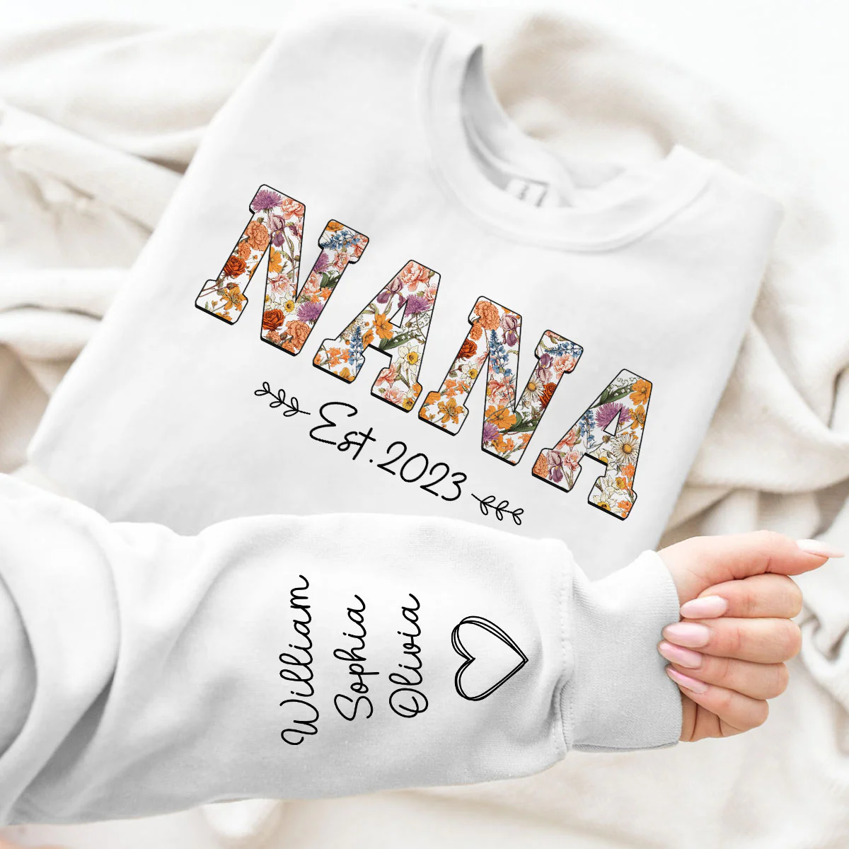 Vintage Flowers Grandma Est With Grandkids Names Personalized Sleeve Printed Shirt - Image 9