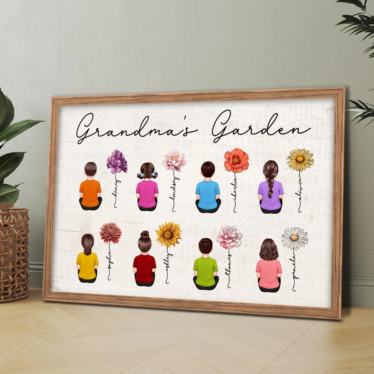 Vintage Flowers Grandma Garden With Grandkids Sitting Personalized Horizontal Poster - Image 2
