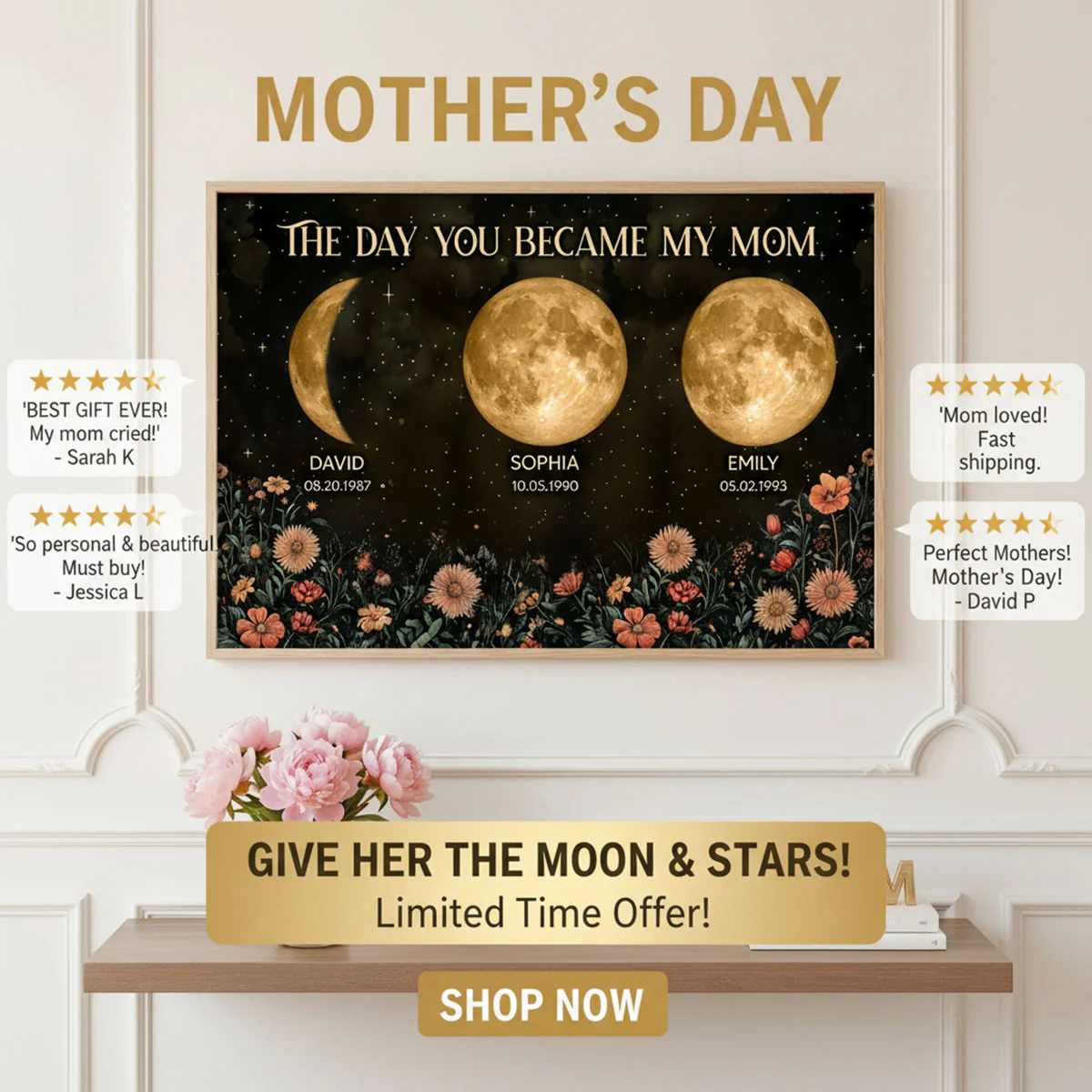 Vintage Flowers The Day You Became Mom Grandma Custom Birth Moon Phase - Personalized Poster, Mother's Day Gift For Mom, Grandma - Image 12