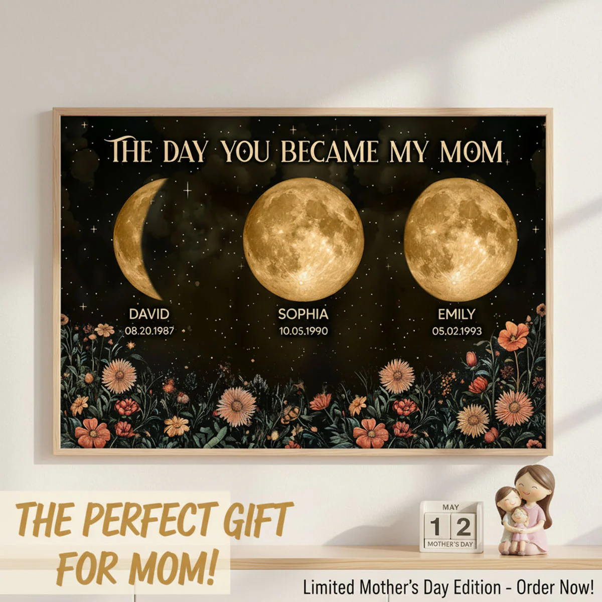 Vintage Flowers The Day You Became Mom Grandma Custom Birth Moon Phase - Personalized Poster, Mother's Day Gift For Mom, Grandma - Image 13