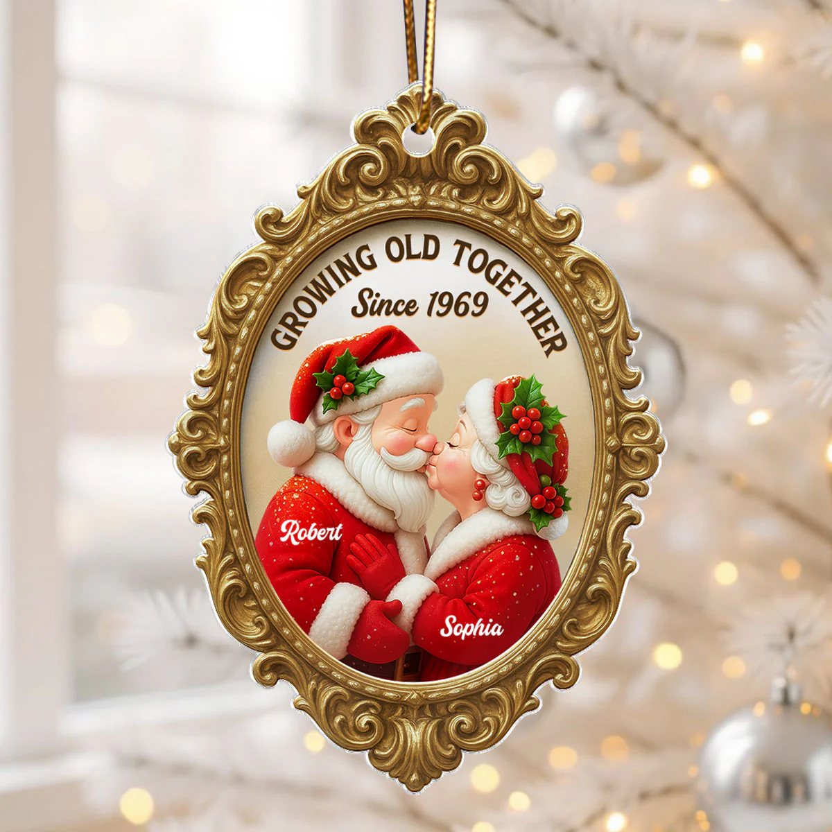 Vintage Golden Frame 3D Effect Mr Mrs Clause - Personalized Acrylic Ornament - Christmas Gift For Couples - Image 3