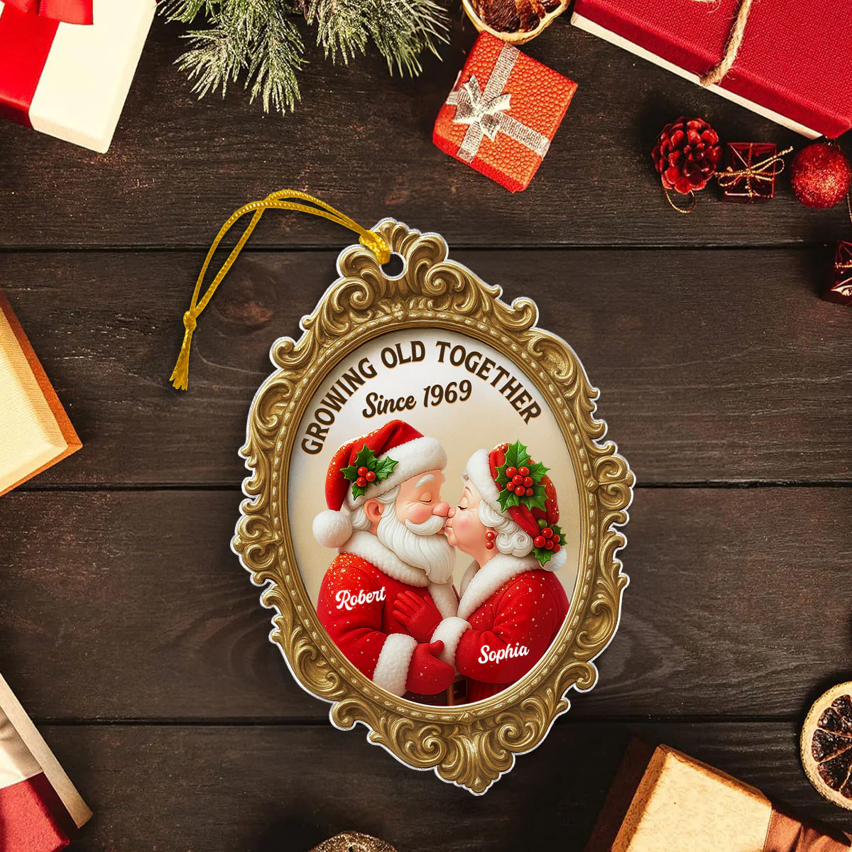 Vintage Golden Frame 3D Effect Mr Mrs Clause - Personalized Acrylic Ornament - Christmas Gift For Couples - Image 5