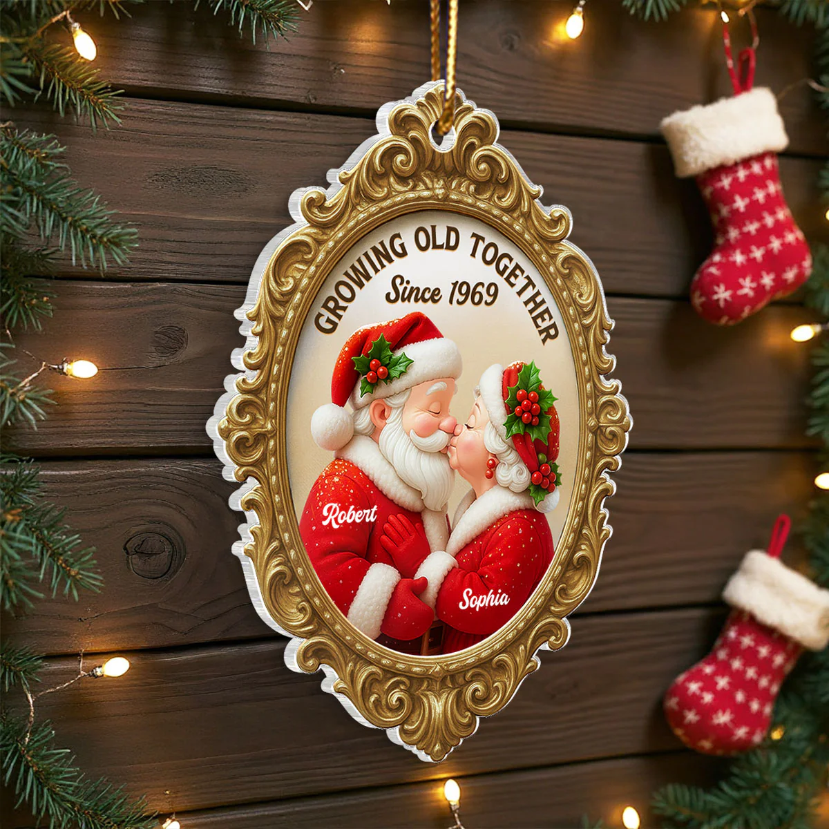 Vintage Golden Frame 3D Effect Mr Mrs Clause - Personalized Acrylic Ornament - Christmas Gift For Couples - Image 6