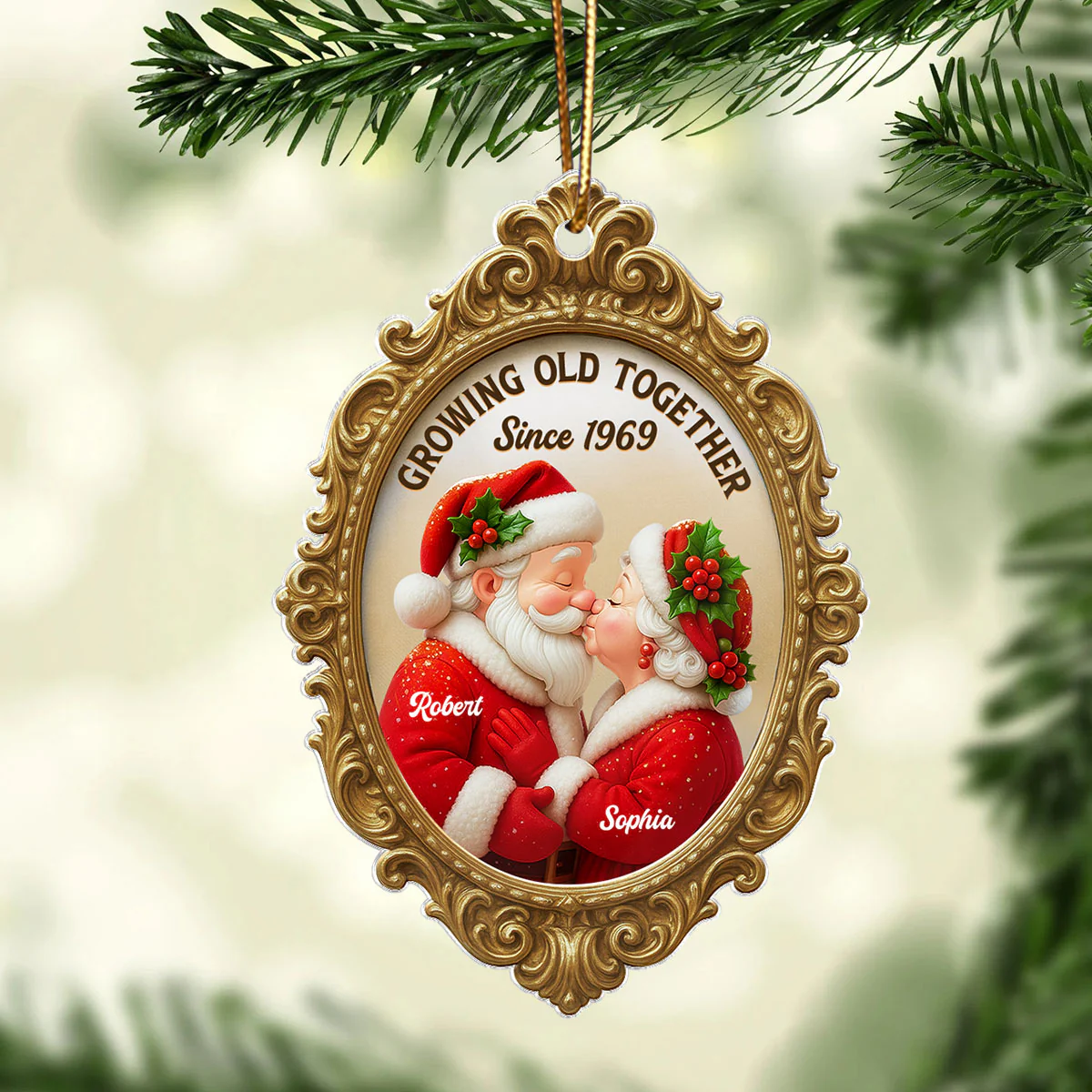 Vintage Golden Frame 3D Effect Mr Mrs Clause - Personalized Acrylic Ornament - Christmas Gift For Couples - Image 7