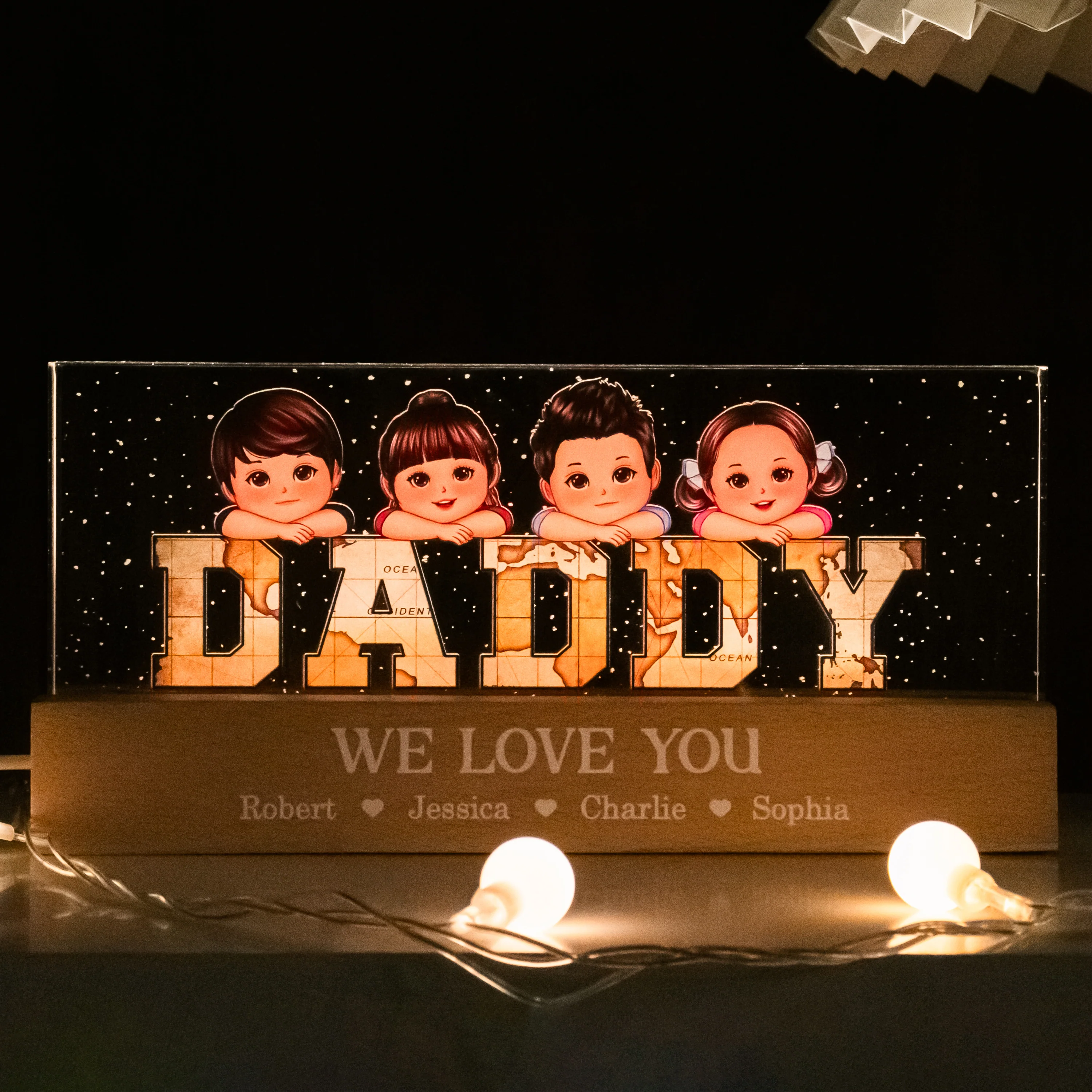 Vintage Map Dad Grandpa Title Kids Laying On Personalized Acrylic LED Night Light - Image 2