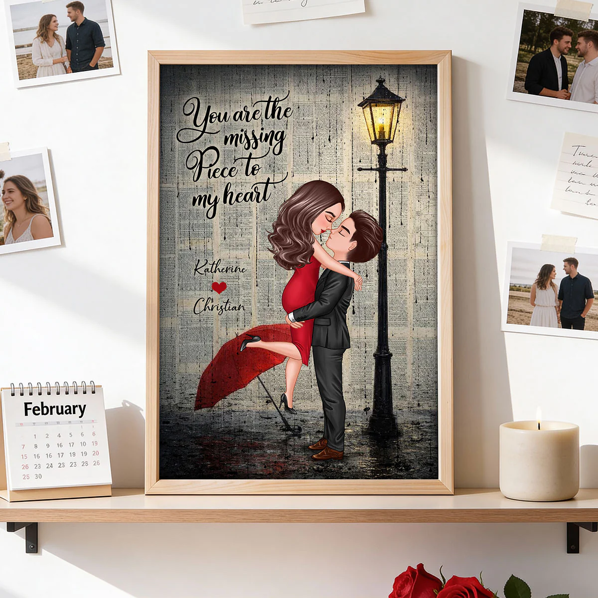 Vintage Newspaper Couple Hugging Kissing Under Lamp Post - Personalized Poster - Image 10