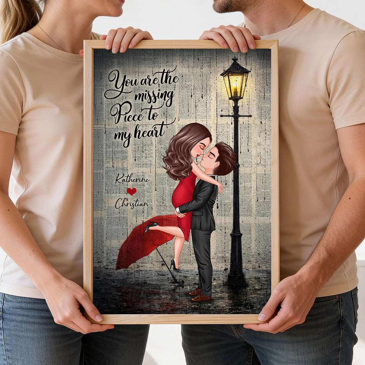 Vintage Newspaper Couple Hugging Kissing Under Lamp Post - Personalized Poster - Image 13