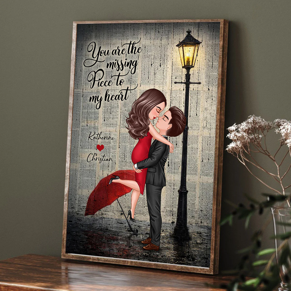 Vintage Newspaper Couple Hugging Kissing Under Lamp Post - Personalized Poster - Image 15