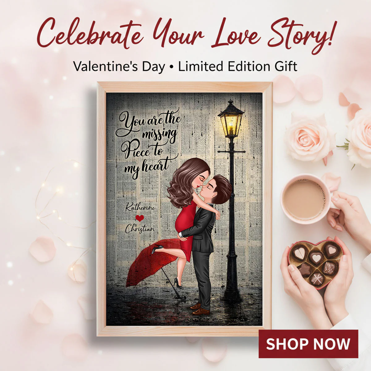 Vintage Newspaper Couple Hugging Kissing Under Lamp Post - Personalized Poster - Image 19