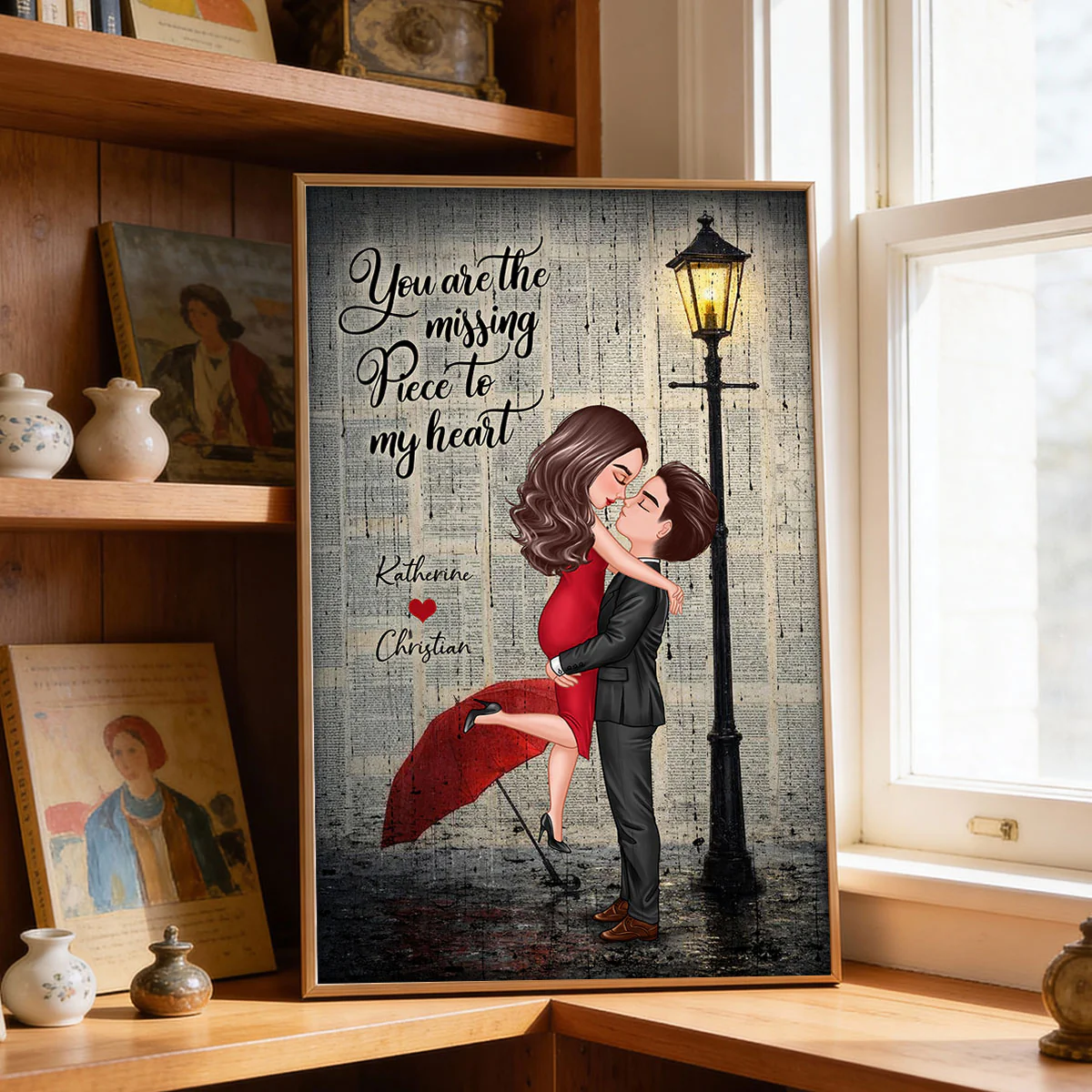Vintage Newspaper Couple Hugging Kissing Under Lamp Post - Personalized Poster - Image 20