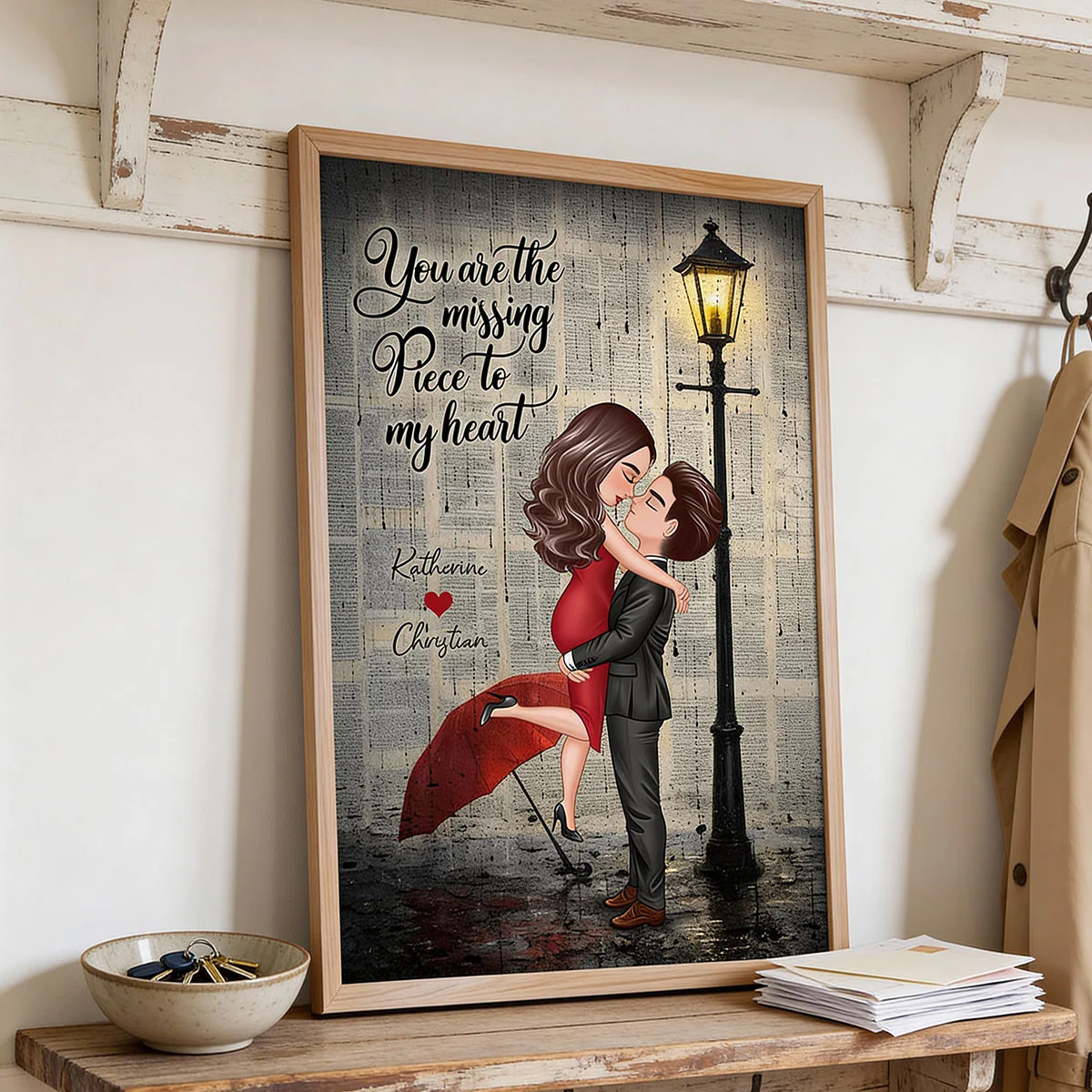 Vintage Newspaper Couple Hugging Kissing Under Lamp Post - Personalized Poster - Image 21