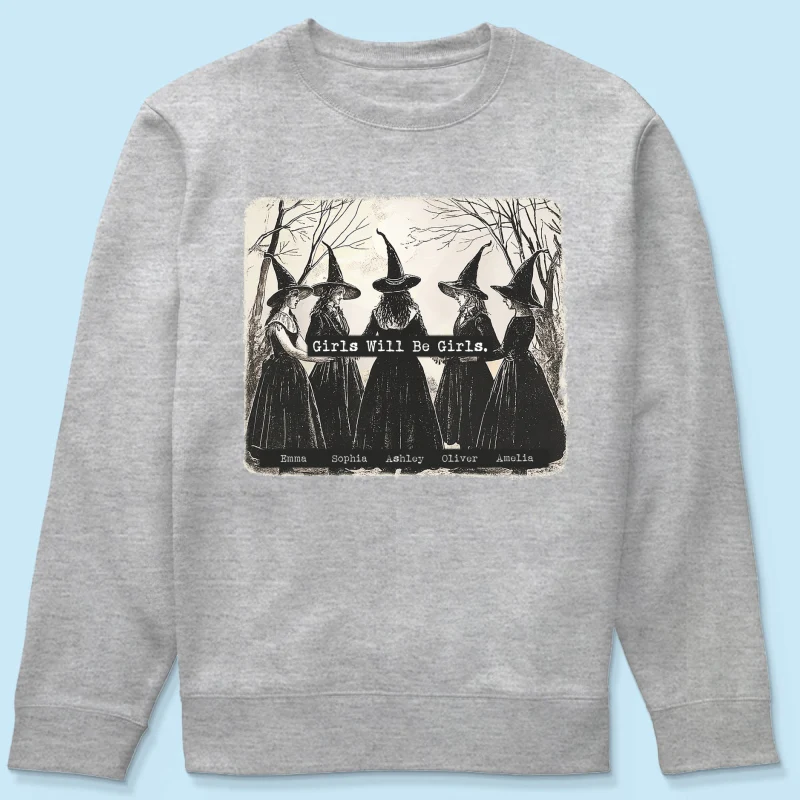 Vintage Witch Girls Will Be Girls Personalized Sweatshirt, Halloween Party Matching Shirt - Image 16