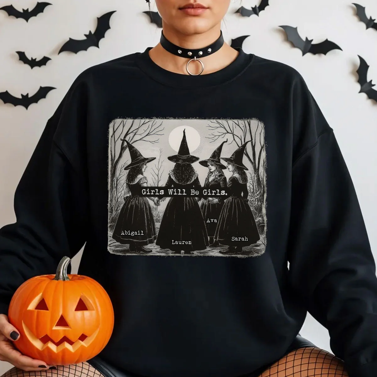 Vintage Witch Girls Will Be Girls Personalized Sweatshirt, Halloween Party Matching Shirt - Image 2
