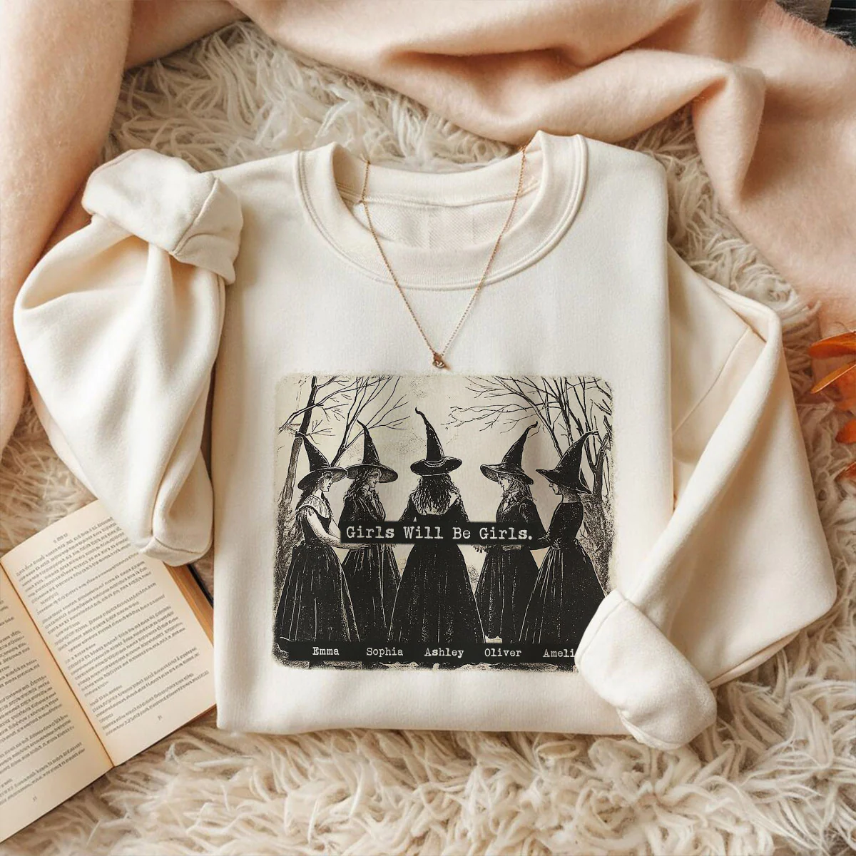 Vintage Witch Girls Will Be Girls Personalized Sweatshirt, Halloween Party Matching Shirt - Image 4