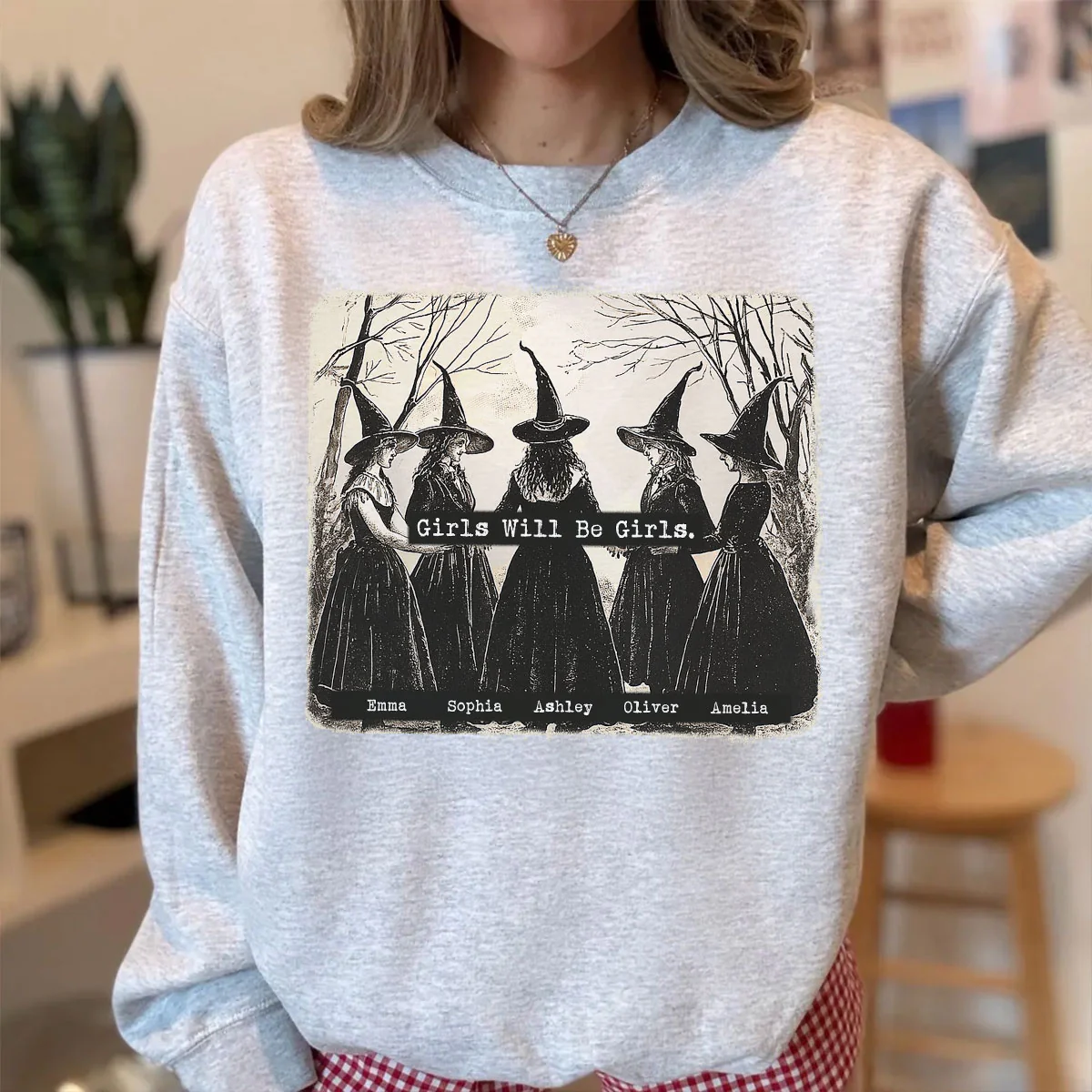 Vintage Witch Girls Will Be Girls Personalized Sweatshirt, Halloween Party Matching Shirt - Image 5