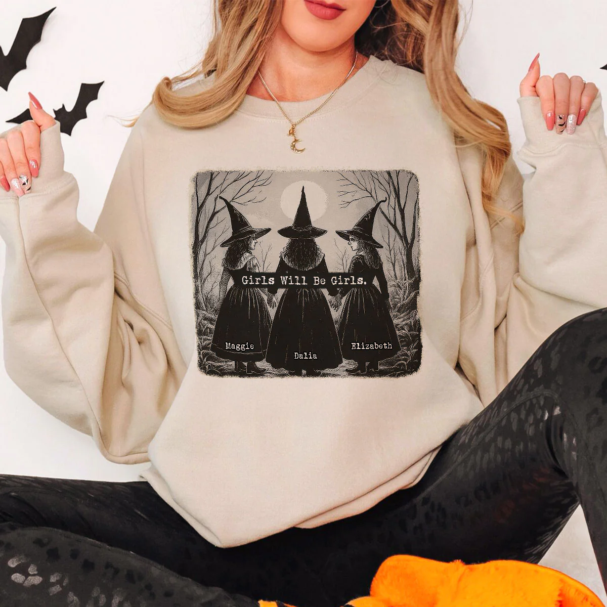 Vintage Witch Girls Will Be Girls Personalized Sweatshirt, Halloween Party Matching Shirt - Image 7