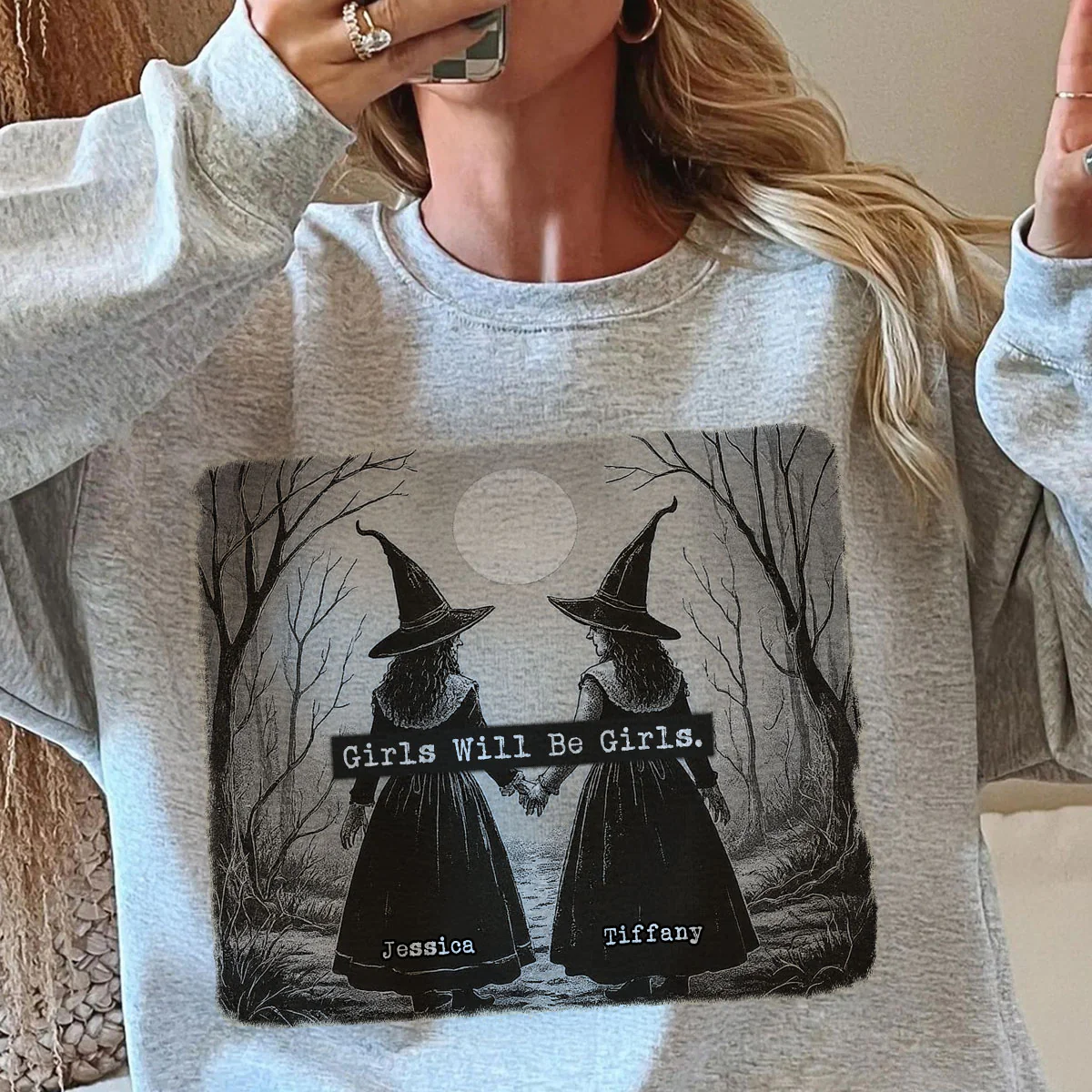 Vintage Witch Girls Will Be Girls Personalized Sweatshirt, Halloween Party Matching Shirt - Image 9