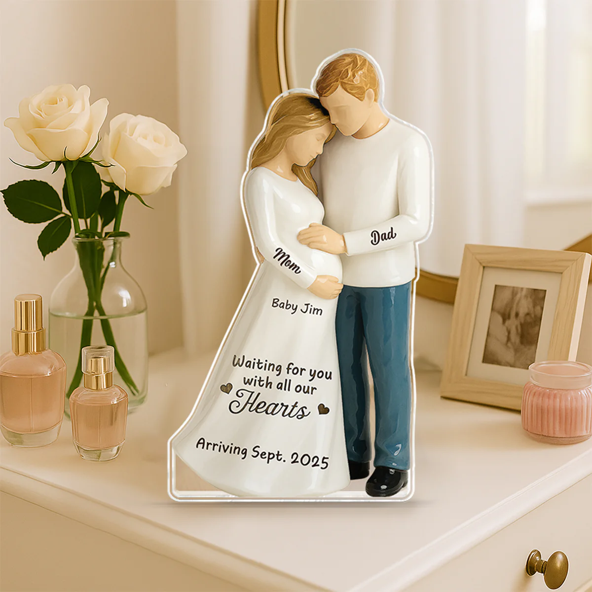 Waiting For You With All Our Hearts 3D Effect Couple Expecting Baby Personalized Acrylic Flat Block Plaque, Baby Shower Gift For Parents-to-be - Image 3