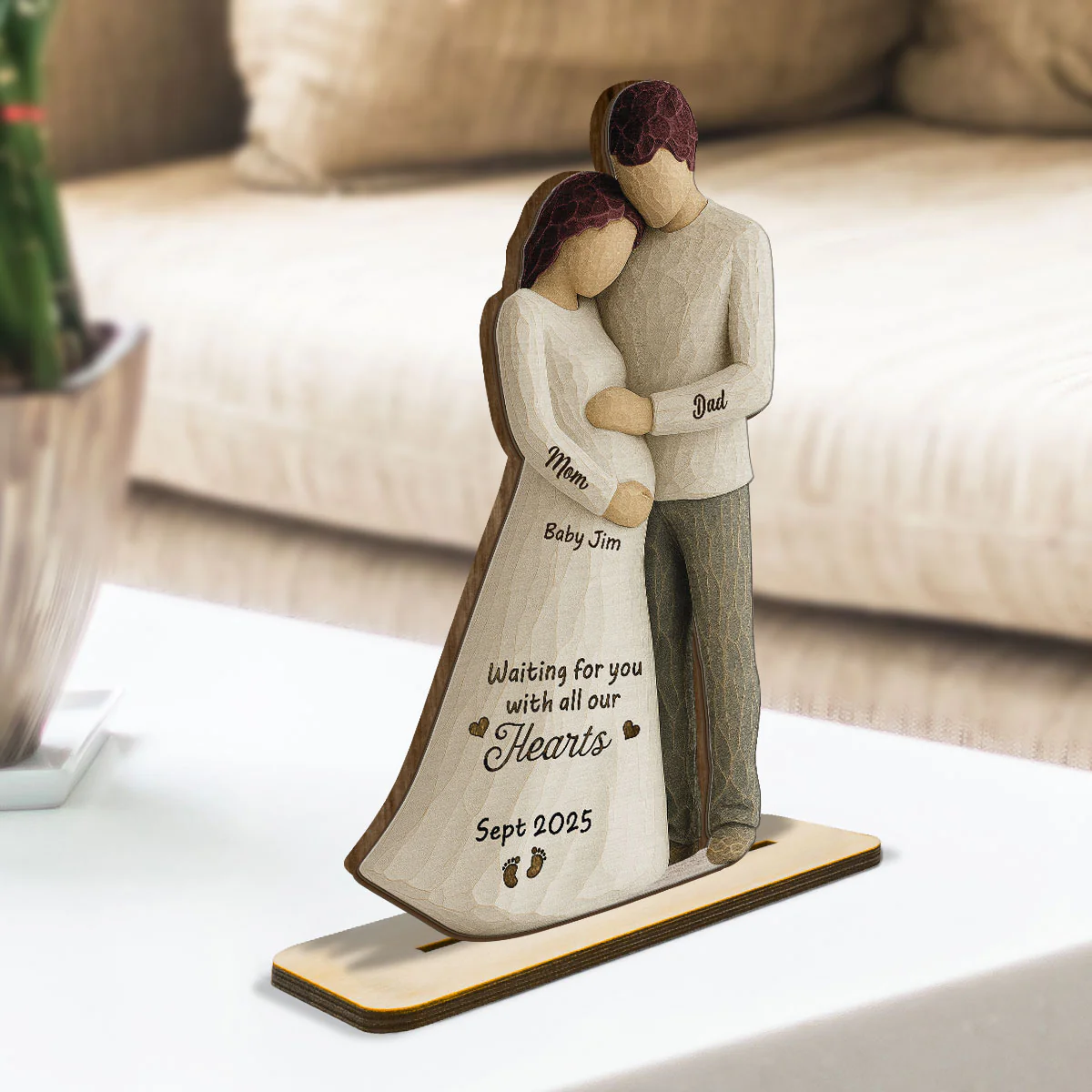 Waiting For You With All Our Hearts Couple Expecting Baby 3D Effect Personalized Standing Wooden Plaque, Baby Shower Gift For Parents-to-be - Image 2