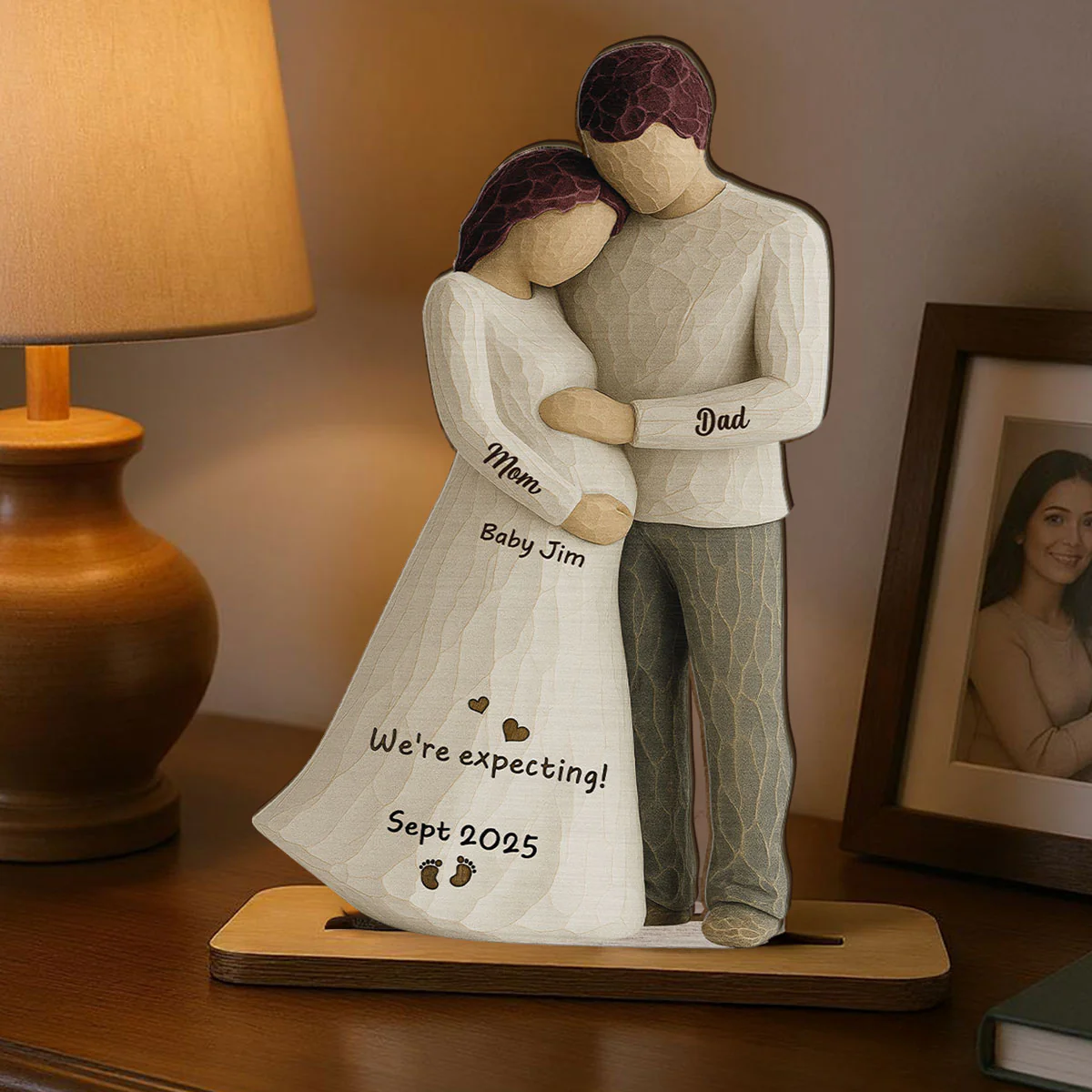 Waiting For You With All Our Hearts Couple Expecting Baby 3D Effect Personalized Standing Wooden Plaque, Baby Shower Gift For Parents-to-be - Image 3