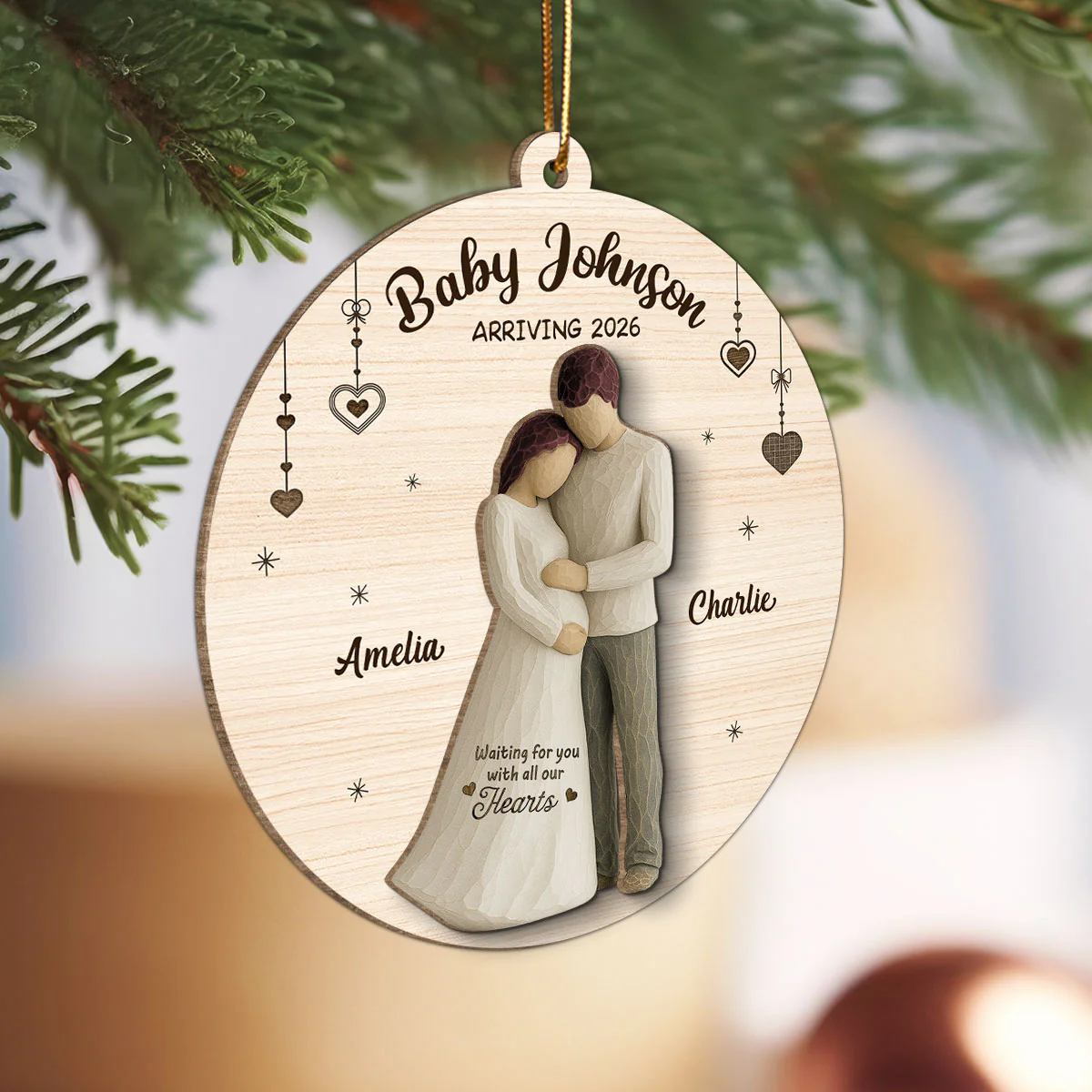 2D Flat Waiting For You With All Our Hearts Couple Expecting Baby - Personalized 2-Layer Wooden Ornament, Baby Shower Gift For Parents-to-be - Image 10