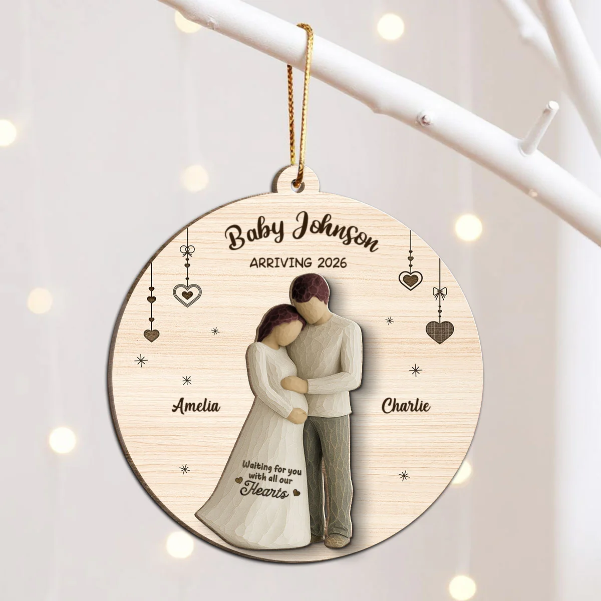 2D Flat Waiting For You With All Our Hearts Couple Expecting Baby - Personalized 2-Layer Wooden Ornament, Baby Shower Gift For Parents-to-be - Image 11