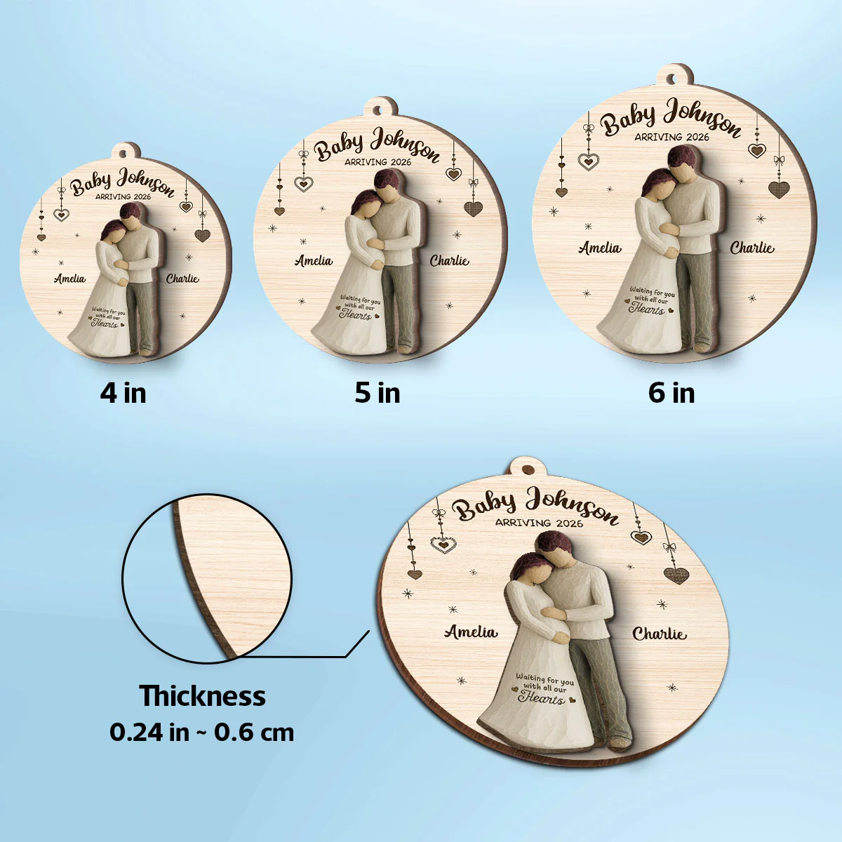 2D Flat Waiting For You With All Our Hearts Couple Expecting Baby - Personalized 2-Layer Wooden Ornament, Baby Shower Gift For Parents-to-be - Image 6