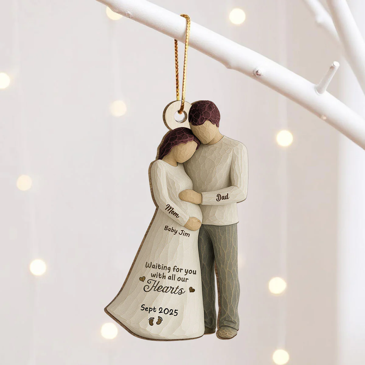 2D Flat Waiting For You With All Our Hearts Couple Expecting Baby - Personalized Wooden Ornament, Baby Shower Gift For Parents-to-be - Image 3