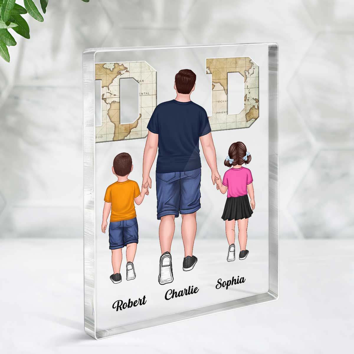 Walking Dad And Kids World Map Text Personalized Acrylic Block Plaque - Image 2
