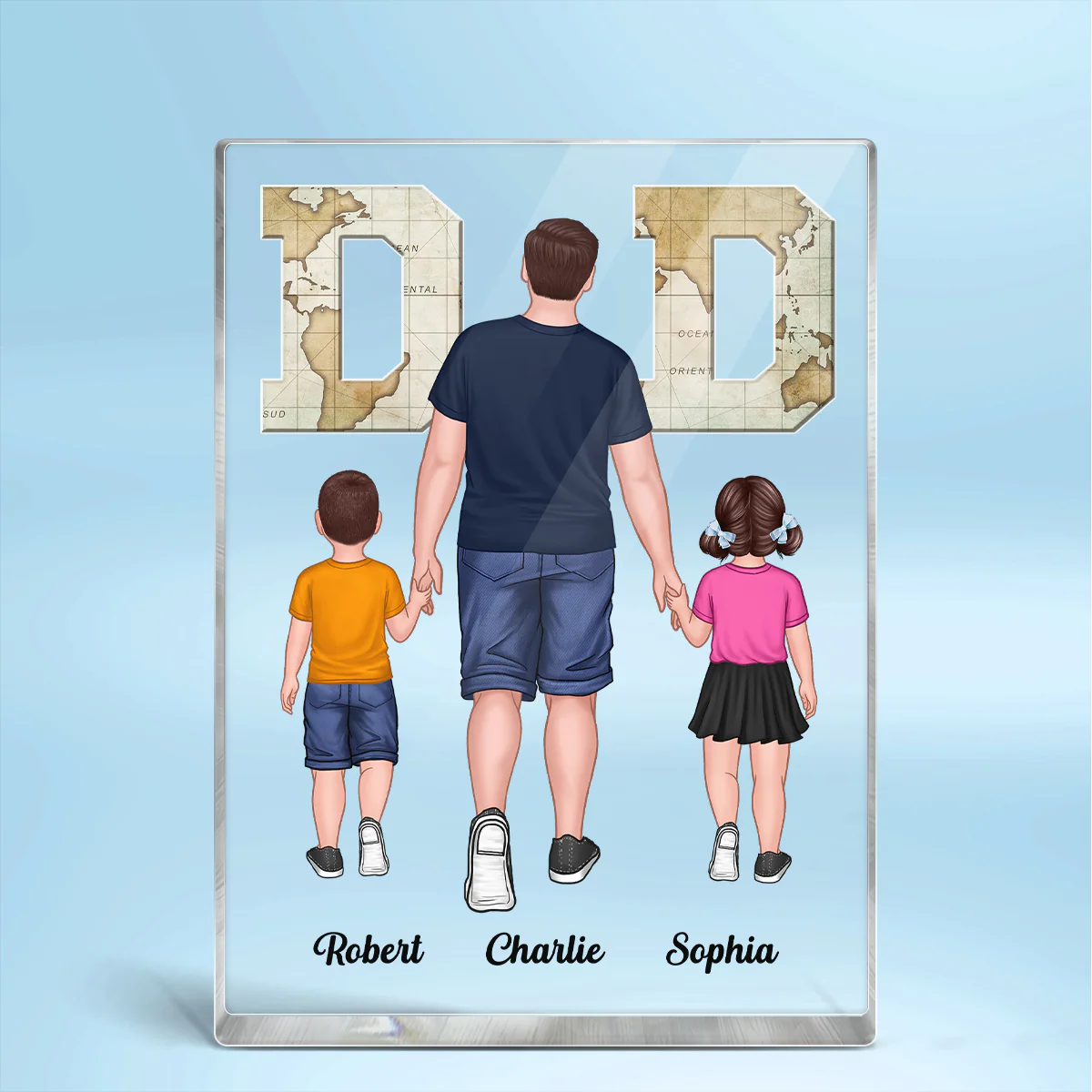 Walking Dad And Kids World Map Text Personalized Acrylic Block Plaque - Image 3