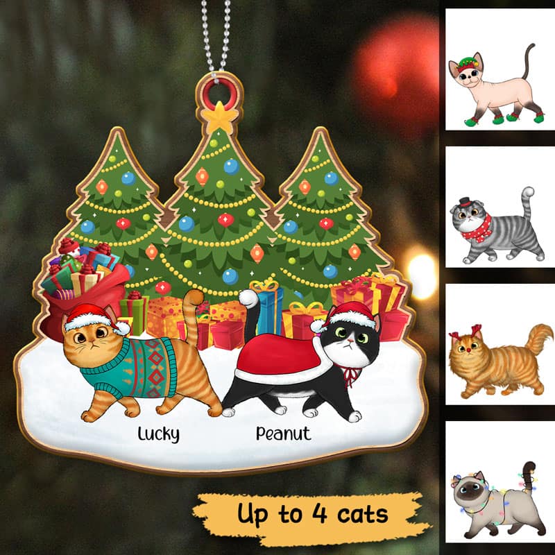 Walking Fluffy Cat On Snow Christmas Personalized Wooden Ornament - Image 2
