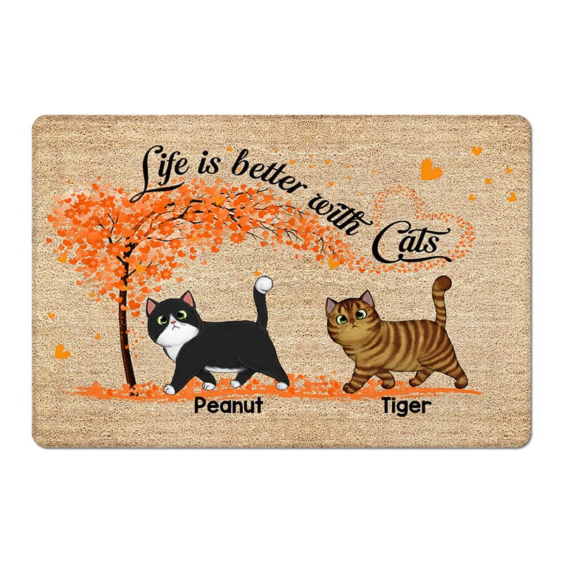 Walking Fluffy Cat Under Heart Tree Personalized Doormat