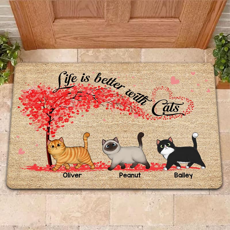 Walking Fluffy Cat Under Heart Tree Personalized Doormat - Image 2