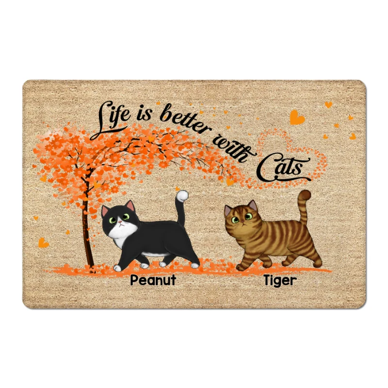 Walking Fluffy Cat Under Heart Tree Personalized Doormat - Image 4