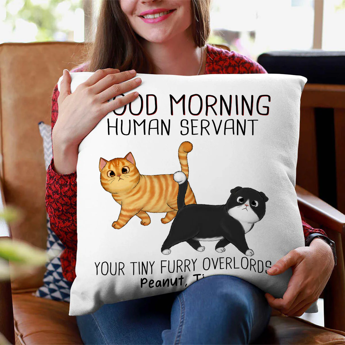 Walking Fluffy Cats Good Morning Cat Human Servant Personalized Pillow (Insert Included) - Image 4