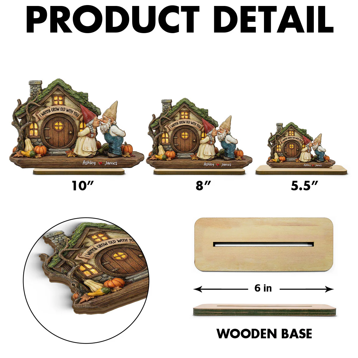 Wanna Grow Old With You Gnome Couple Kissing 2D Flat - Personalized 2-Layered Wooden Plaque - Anniversary, Valentine's Day Gift For Him, Gift For Her - Image 6