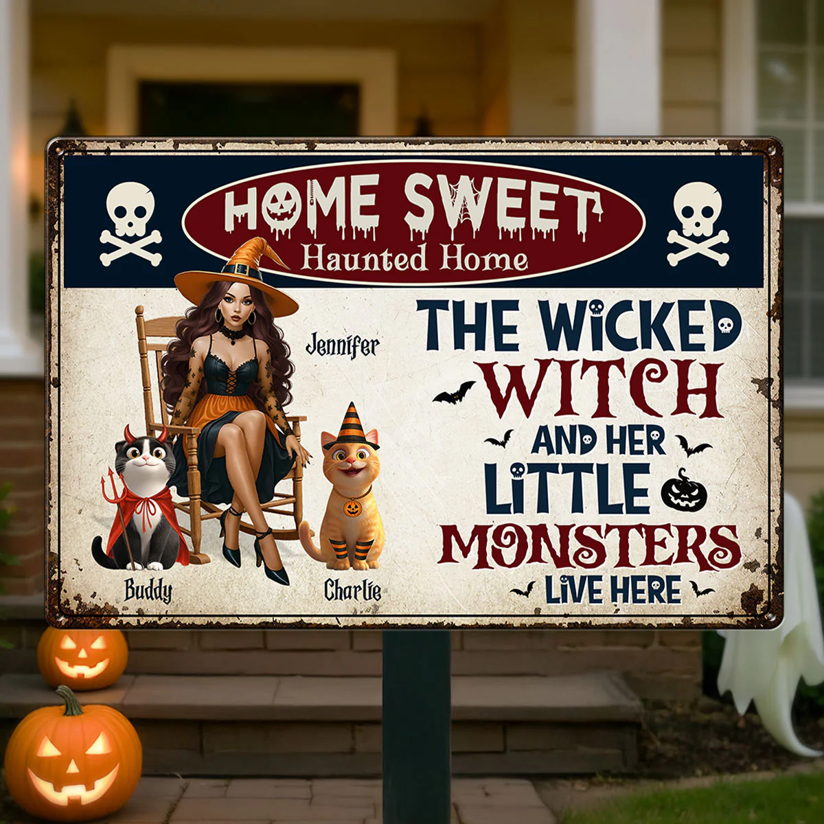 Warning A Wicked Witch and Her Little Monsters Live Here Personalized Metal Sign, Halloween Decor for Cat Lovers - Image 2