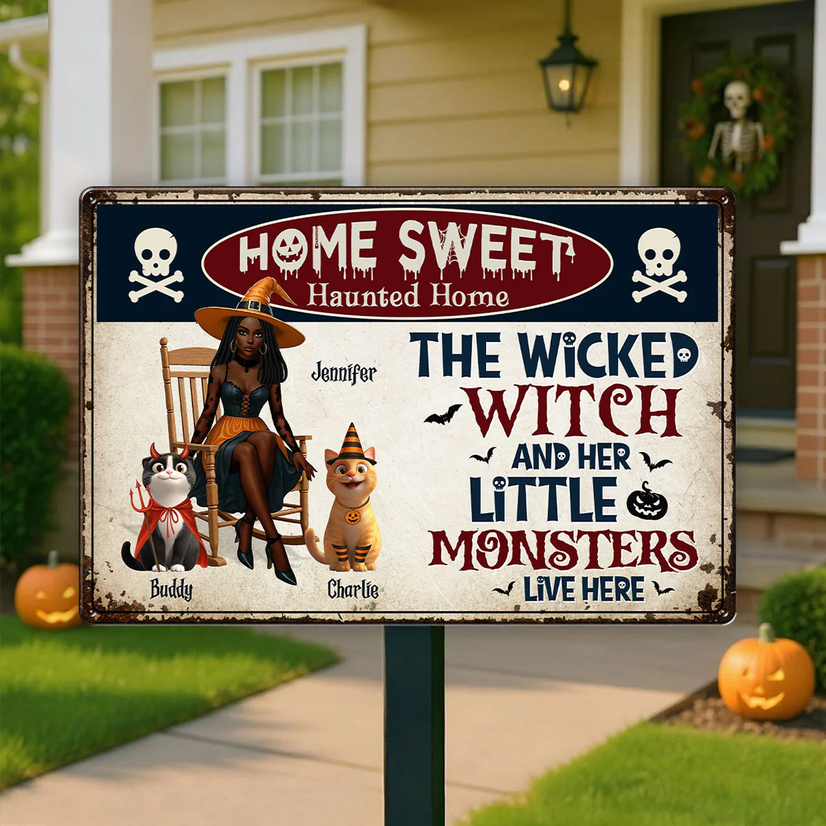 Warning A Wicked Witch and Her Little Monsters Live Here Personalized Metal Sign, Halloween Decor for Cat Lovers - Image 3