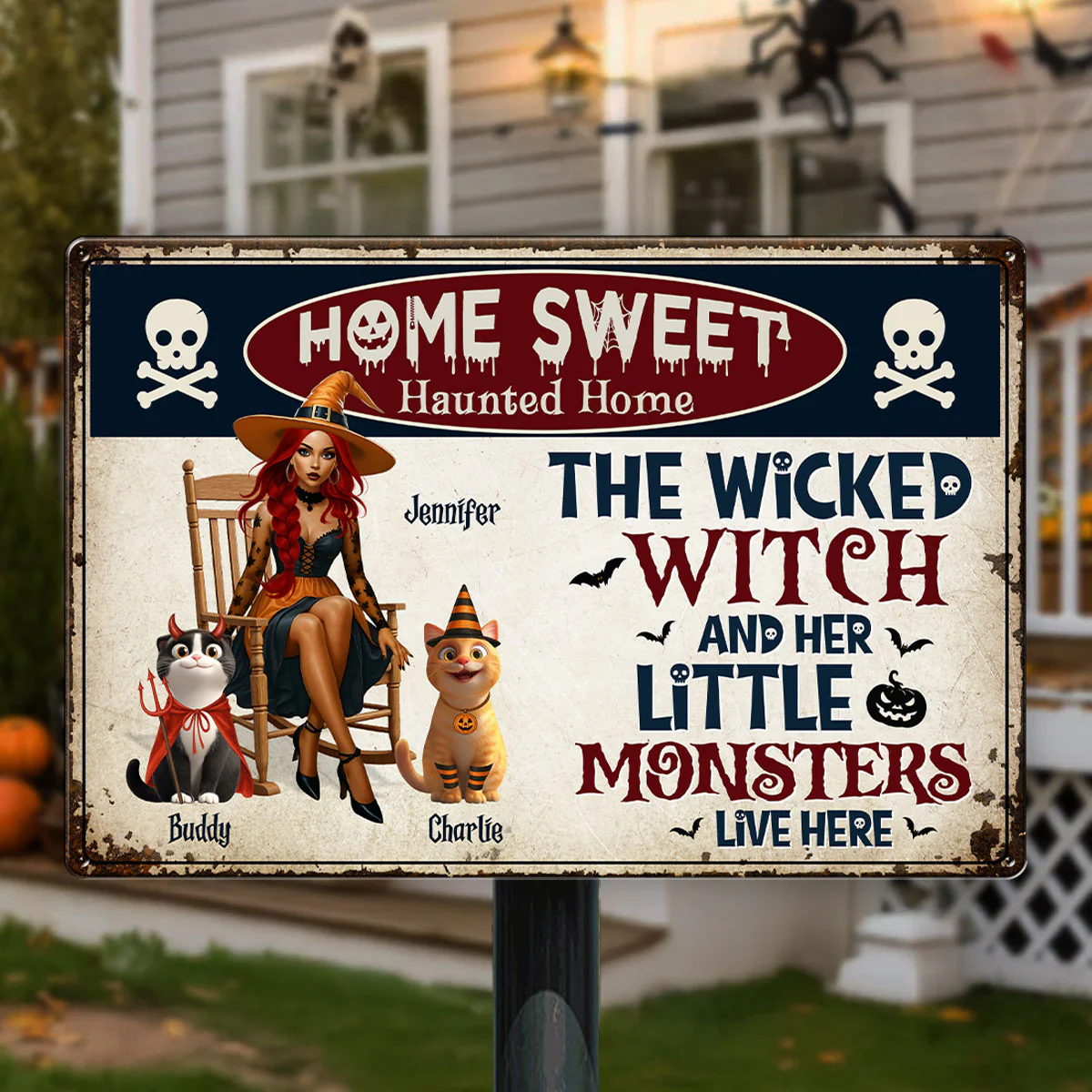 Warning A Wicked Witch and Her Little Monsters Live Here Personalized Metal Sign, Halloween Decor for Cat Lovers - Image 4