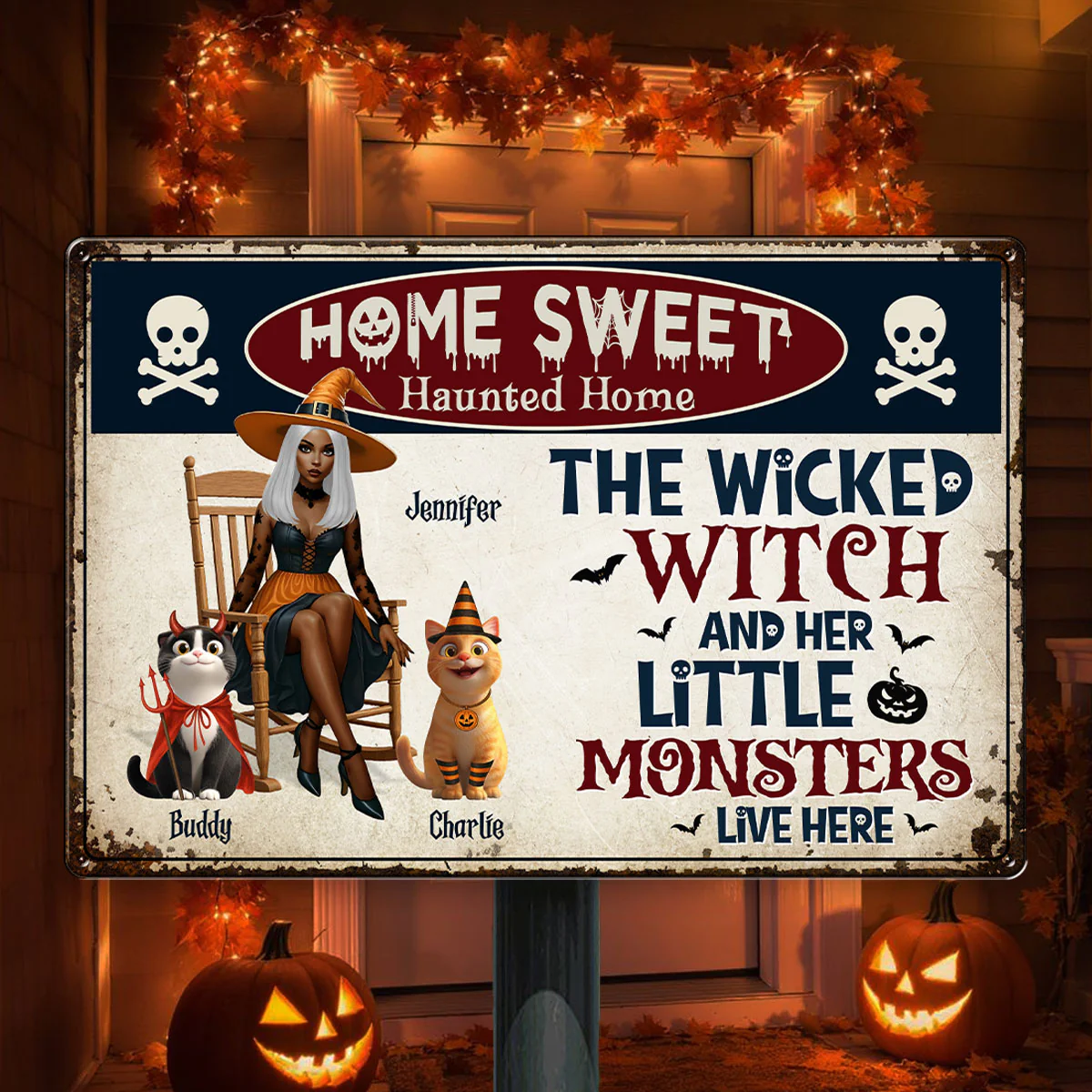 Warning A Wicked Witch and Her Little Monsters Live Here Personalized Metal Sign, Halloween Decor for Cat Lovers - Image 5