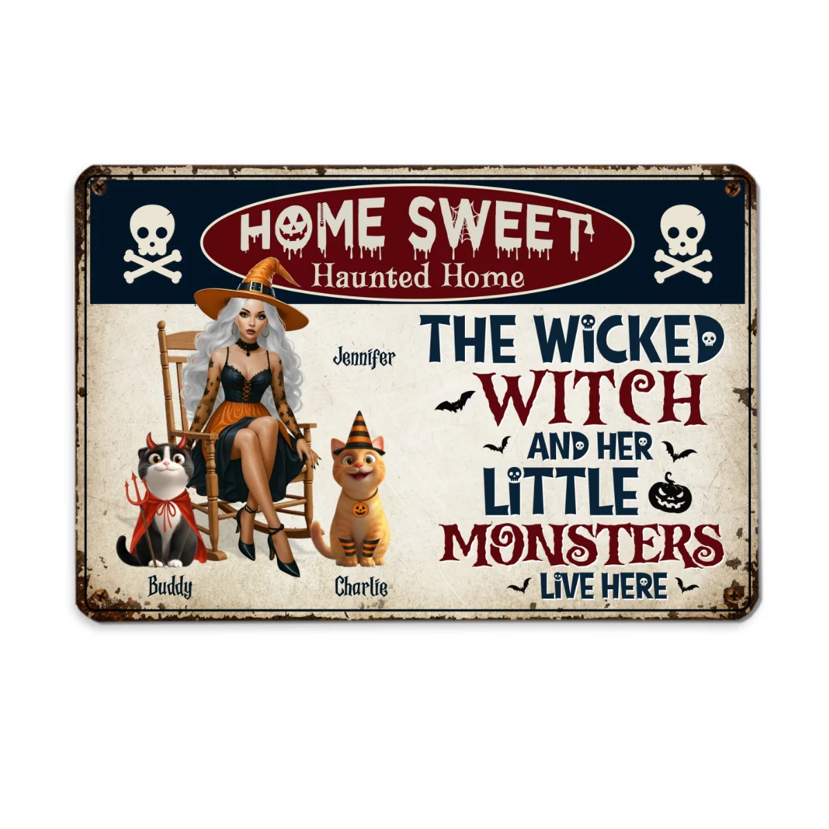 Warning A Wicked Witch and Her Little Monsters Live Here Personalized Metal Sign, Halloween Decor for Cat Lovers - Image 9