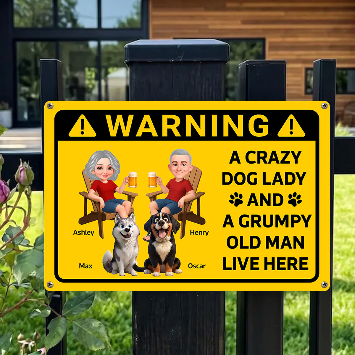 Warning Crazy Dog Lady Grumpy Old Man Live Here - Personalized Metal Sign - Funny Sarcasm Decoration For Patio, Garden, Farmhouse Porch - Image 2